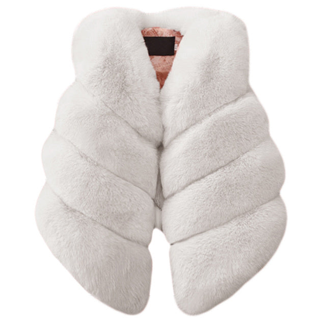 White faux fur baby winter vest with button front and wide collar