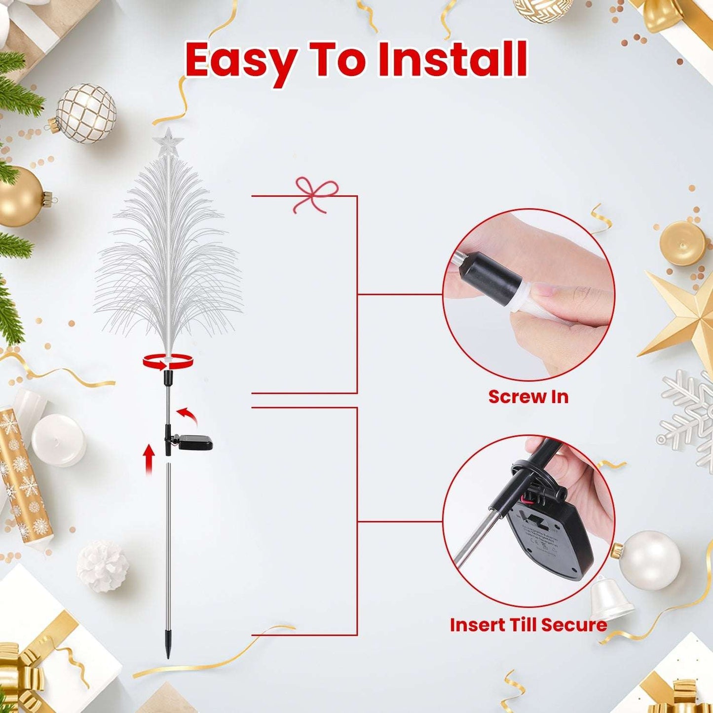 Step-by-step guide on how to install a decorative pole with Christmas-themed elements.