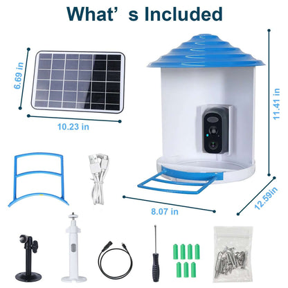 Smart solar bird feeder kit in white and blue, includes solar panel and camera base parts.
