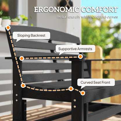 Distressed black glider bench with slatted back, sloped backrest, and armrests