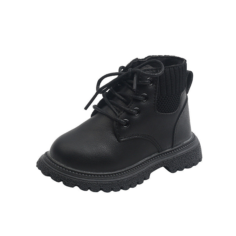 Black leather lace-up ankle boot with textured outsole and side panel detailing