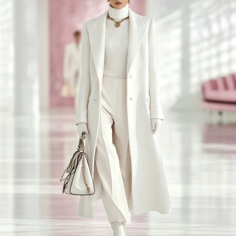 Women’s mid-length wool coat, white, notched lapels, button front, side pockets