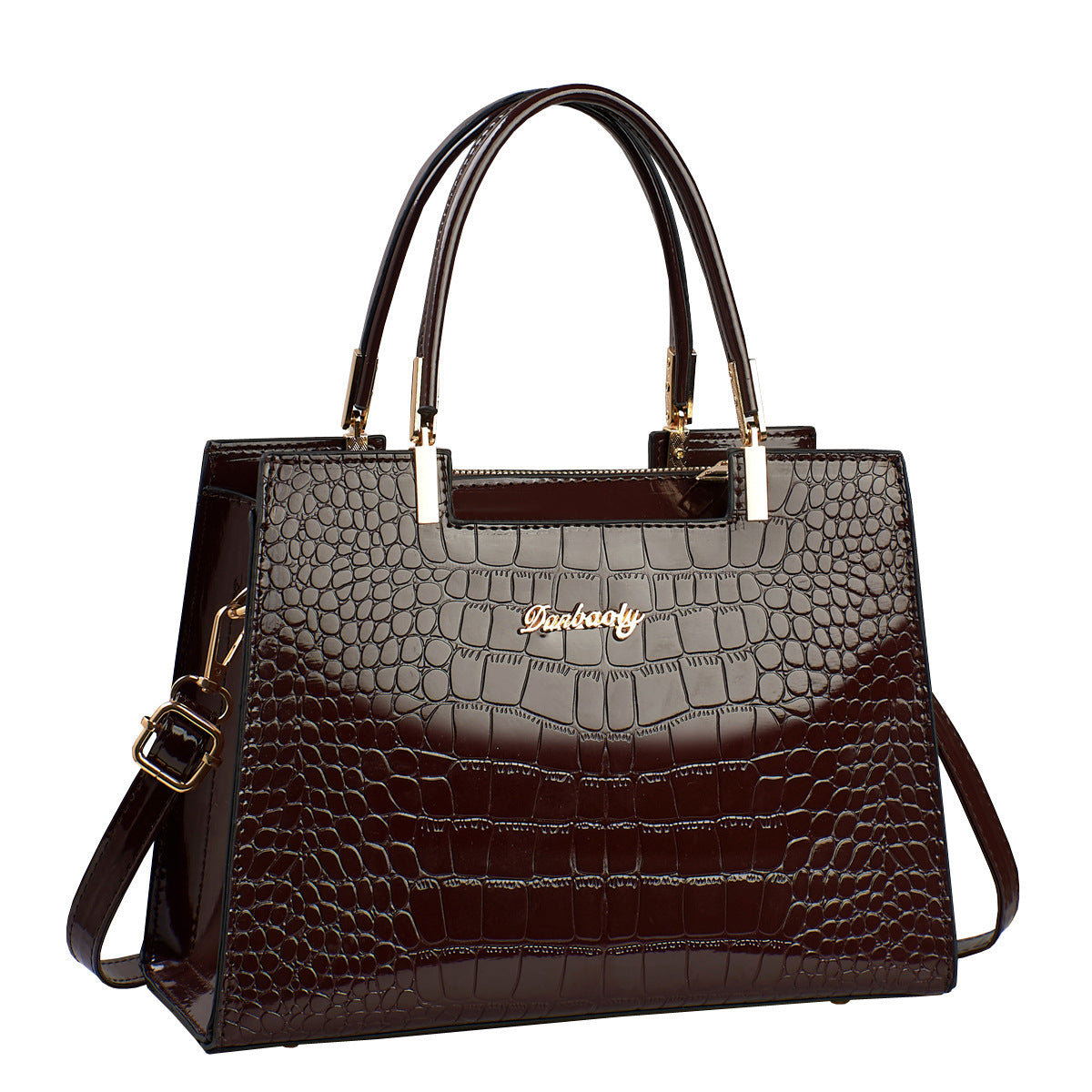 Brown croc-texture handbag with top handles, gold hardware, and crossbody strap