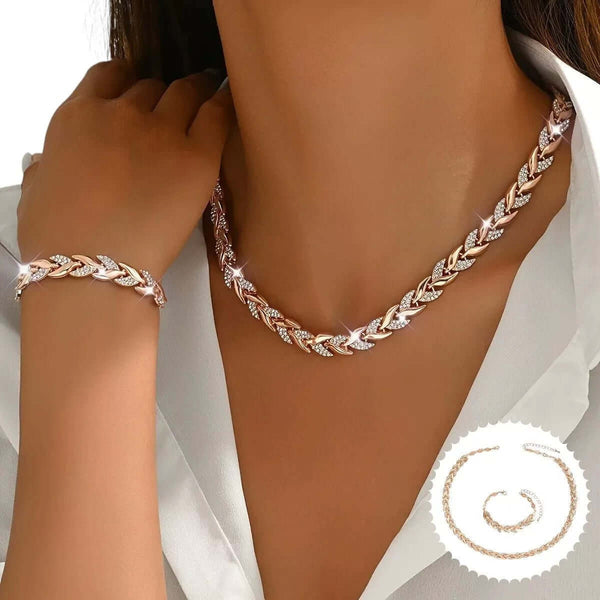 Glass Leaf Jewelry Set | Elegant Rhinestone Necklace & Bracelet