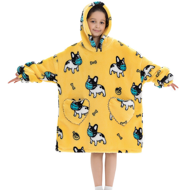 Kids' oversized thermal sweatshirt, yellow with blue dog print, hooded
