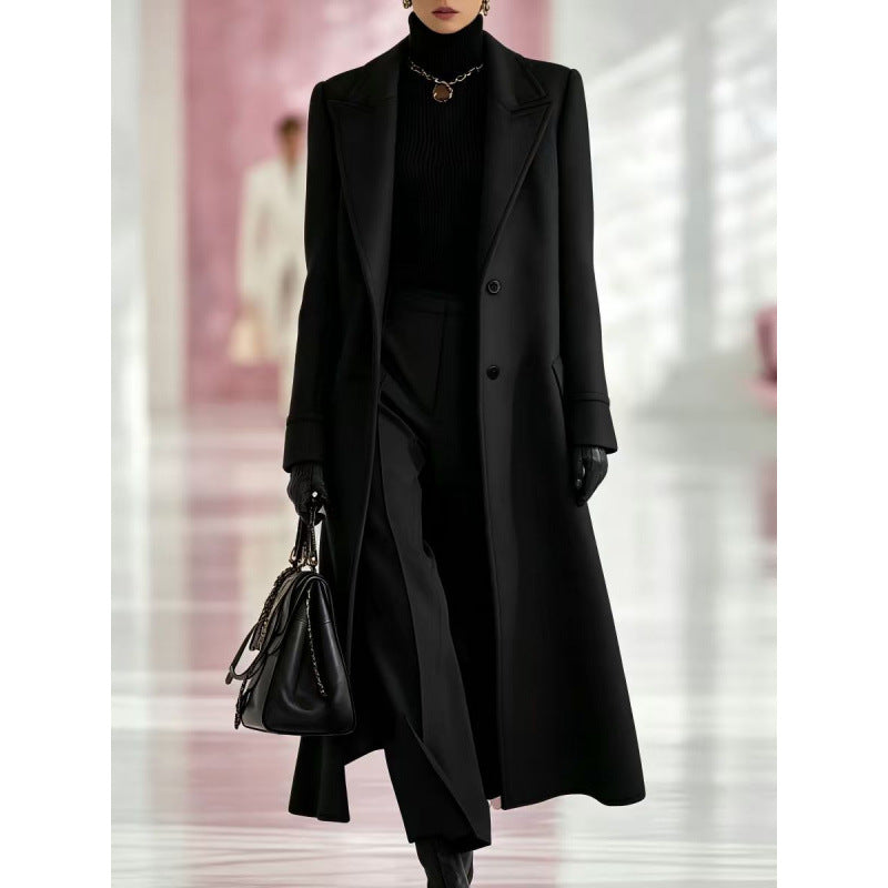 Women’s mid-length wool coat, dark navy, notched lapels, button front, side pockets