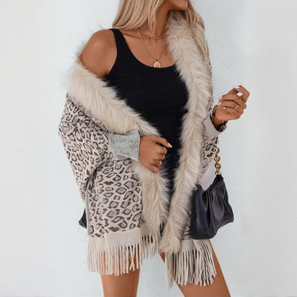 Women's Leopard Poncho with Faux Fur Collar | Fringe Hem Cardigan Women's Leopard Poncho With Faux Fur Col | Ectron Online