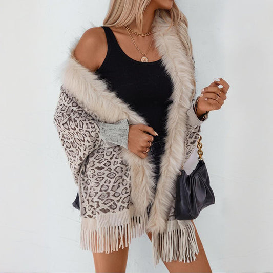 Women's Leopard Poncho with Faux Fur Collar | Fringe Hem Cardigan