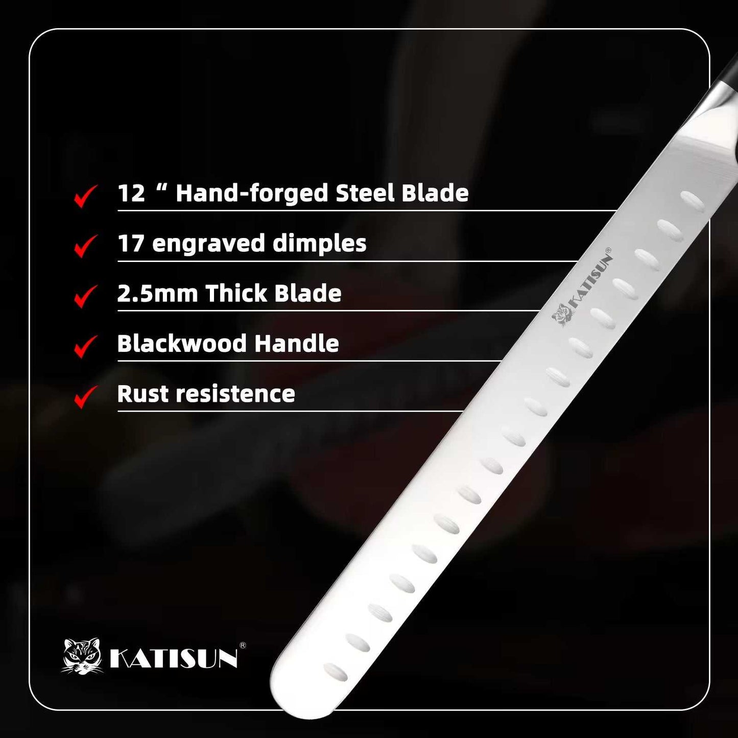 Chef knife with dimples along the blade and black handle, close-up