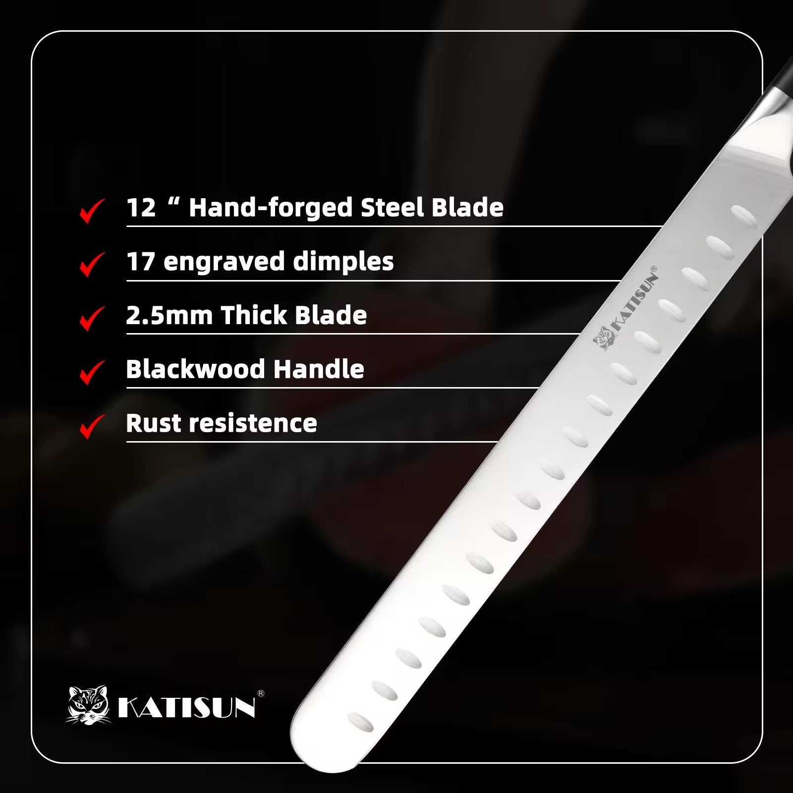Chef knife with dimples along the blade and black handle, close-up