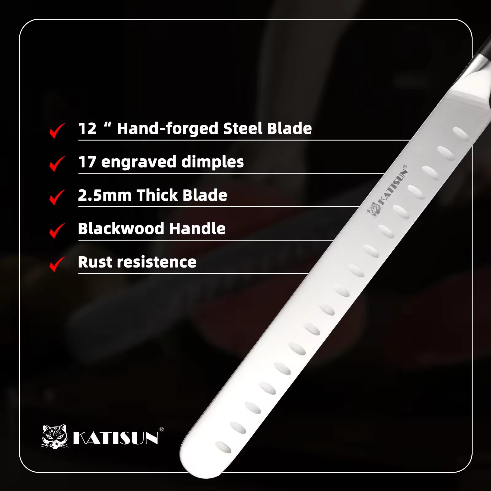 Carving knife with white dimpled blade and black handle, close-up details