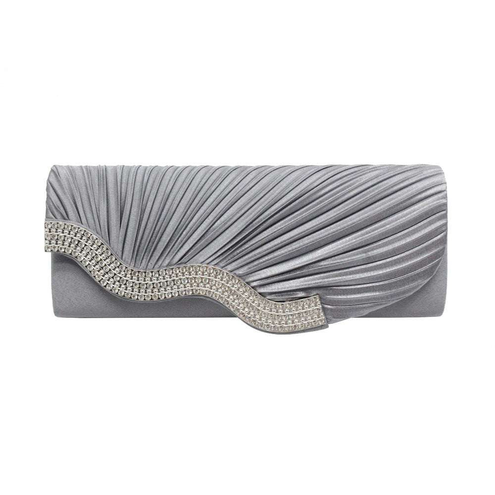 Grey pleated clutch with rhinestone wave detail