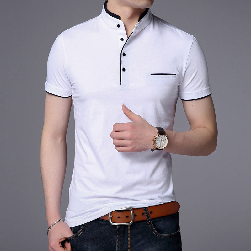 Casual Solid Colour Cotton Shirt – Stand Collar Short Sleeves Casual solid color stand collar cotton s | Ectron Online