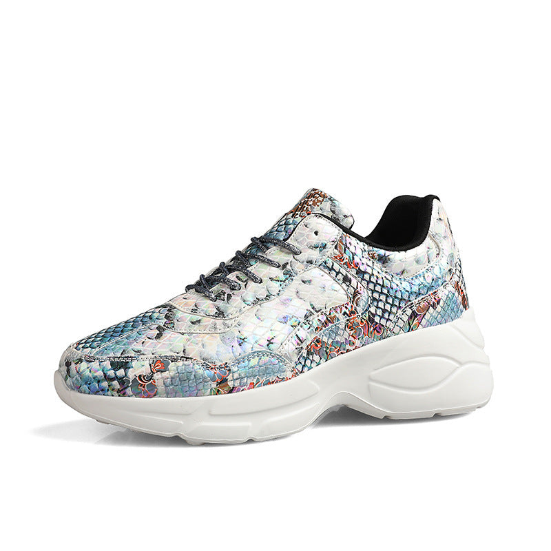 Snakeskin platform sneaker, multicolor snakeskin upper with black laces and white outsole