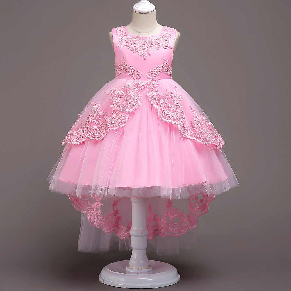 Pink sleeveless princess dress with floral lace bodice and layered tulle skirt