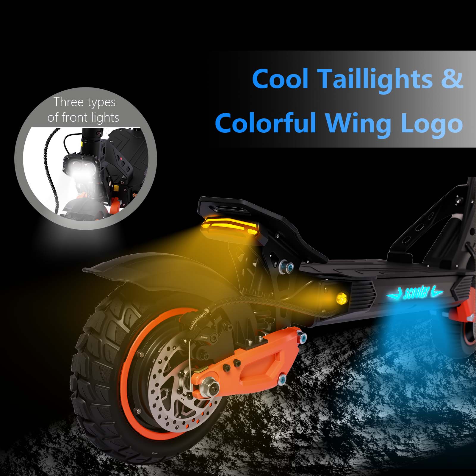 Electric scooter with glowing headlight and taillight accents, black frame and orange fork