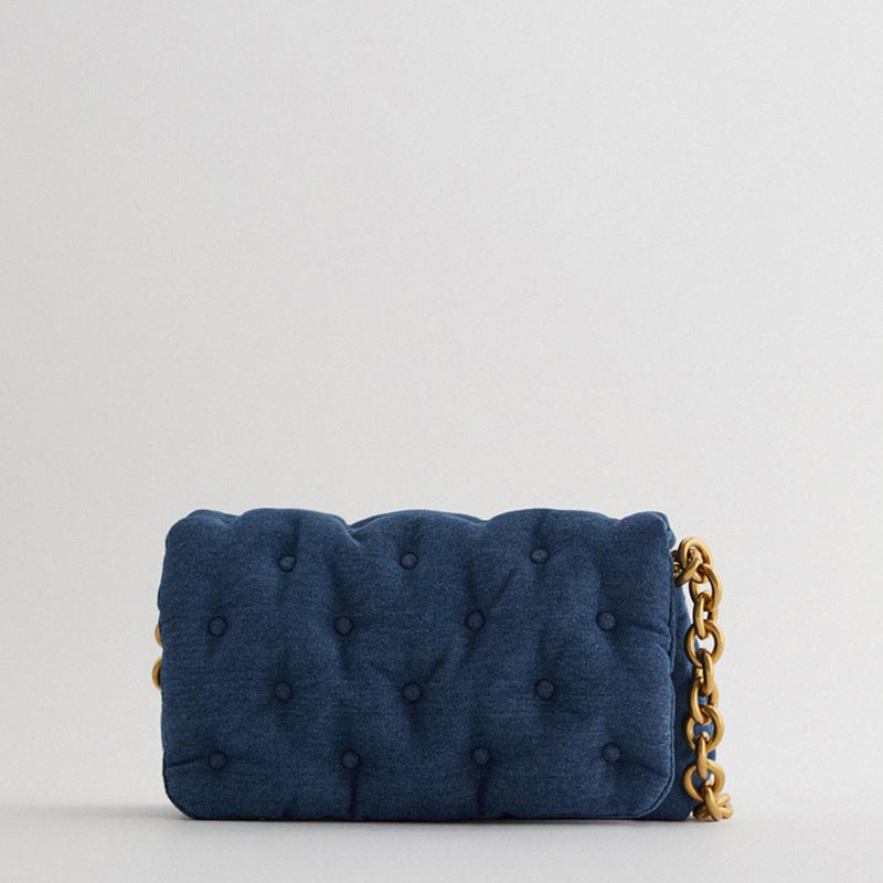 Blue Oversized Denim Quilted Shoulder Messenger Chain Bag Blue oversized denim quilted shoulder me | Ectron Online