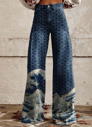 Fashion Women's Printed High Waist Loose Thin Imitation Denim Wide Leg Pants