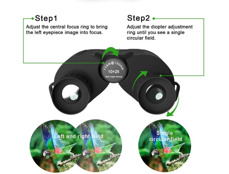 Instructions for using binoculars with images of binoculars and a diagram showing adjustments.