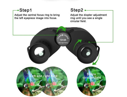 Instructions for using binoculars with images of binoculars and a diagram showing adjustments.