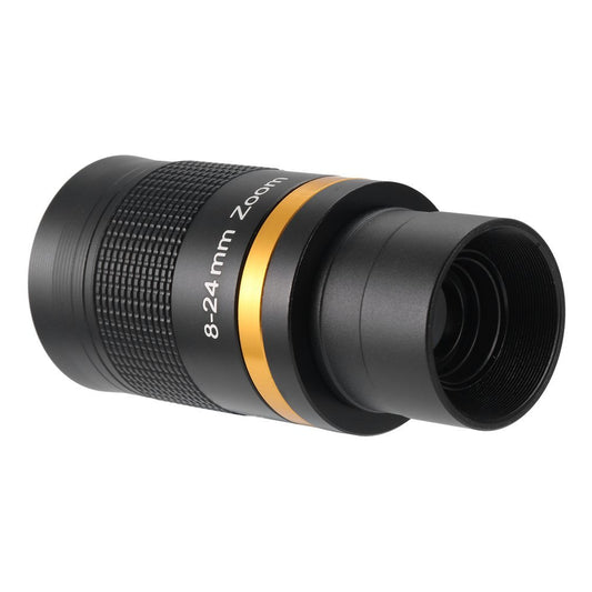 Black telescope lens with gold band on a white background