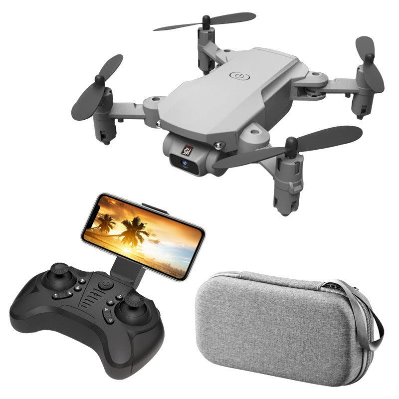 Light gray quadcopter drone with remote controller, phone screen, and gray travel case