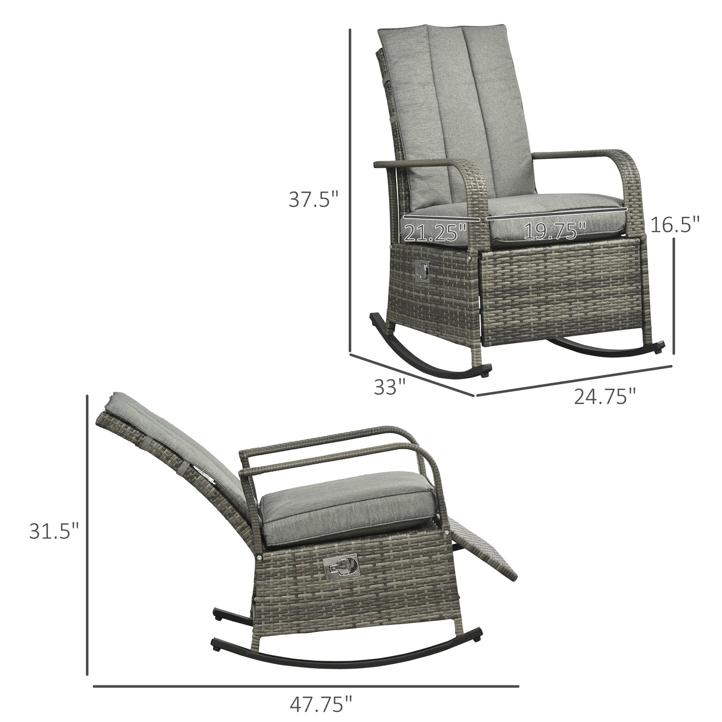 Gray rocking recliner with footrest, armrests, and padded seat and back cushions