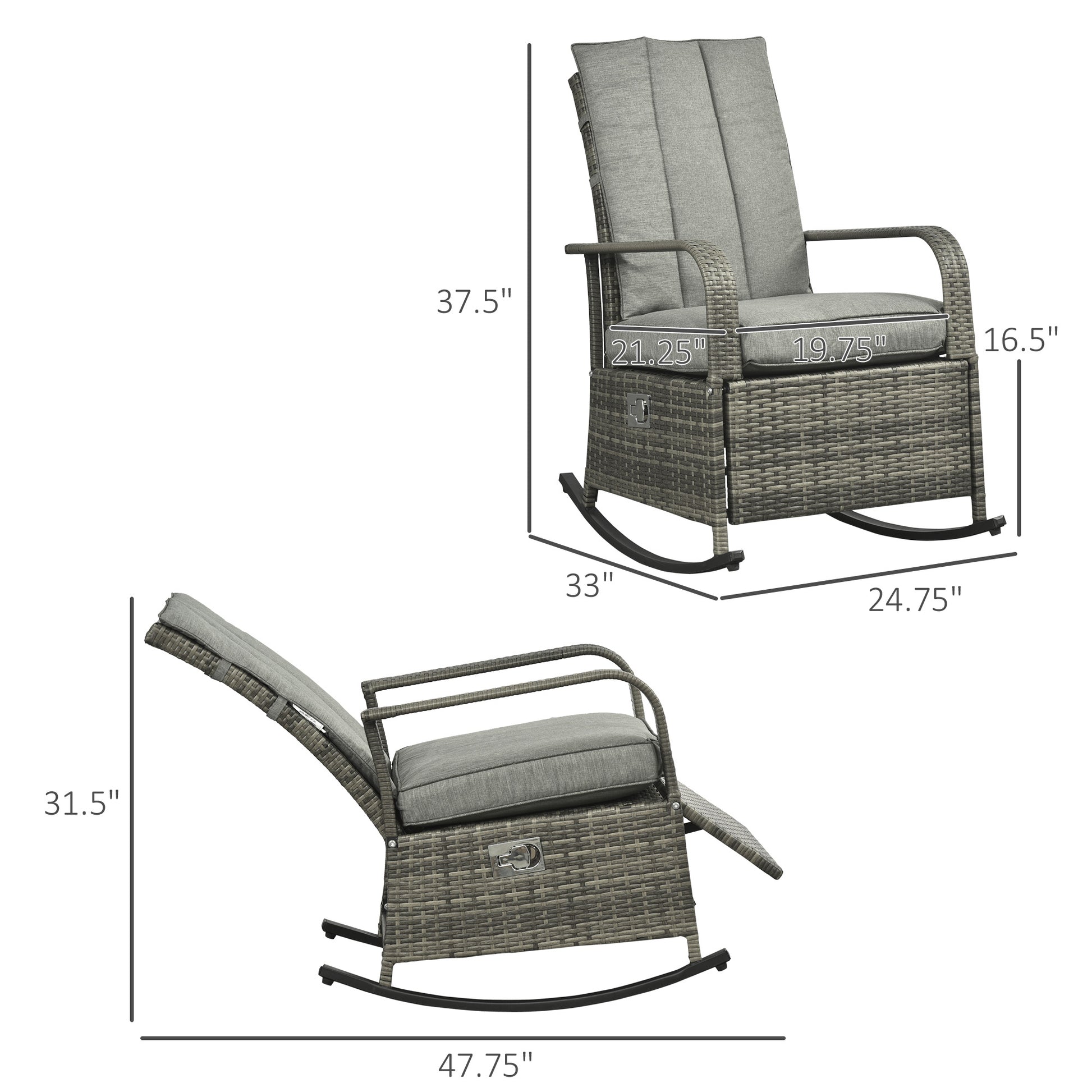 Gray rocking recliner with footrest, armrests, and padded seat and back cushions