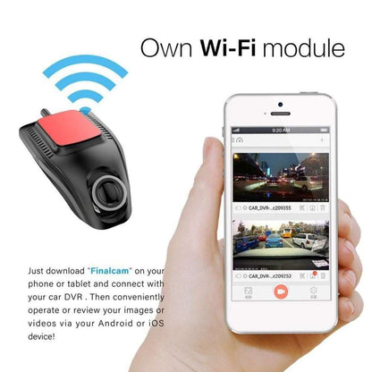 Car DVR with Wi-Fi module and smartphone displaying video footage on a white background