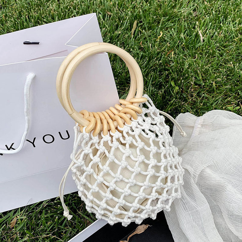 Beach Style Wood Handle Drawstring Bucket Bag Woman Girl Fashion Woven Handbag Beach S | Ectron Online