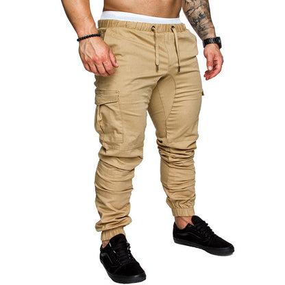 Men's khaki cargo jogger pants with drawstring waist, cargo pockets, and elastic cuffs