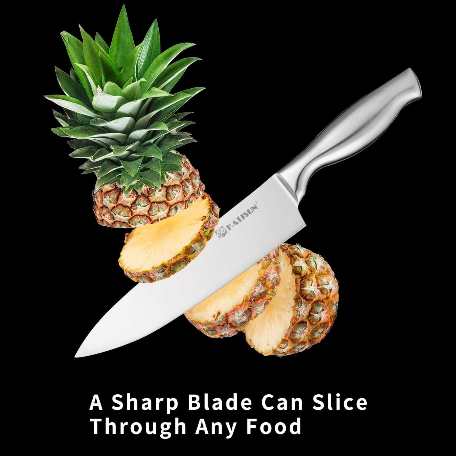 Stainless chef knife with pineapple and leafy garnish
