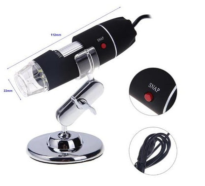 Digital microscope with stand and cable on a white background