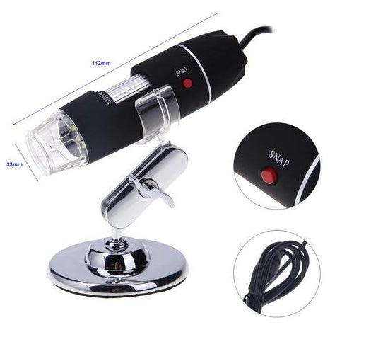 Digital microscope with stand and cable on a white background