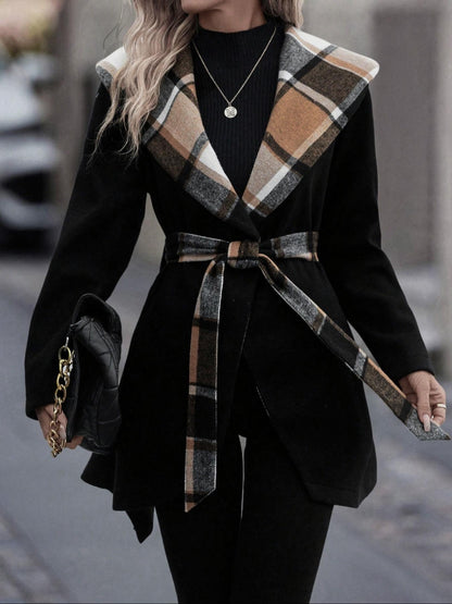 Women's Lace-up Plaid Wool Trench Coat | Mid-Length Color-Match Coat Lace-up Plaid Color Matching Wool Mid-le | Ectron Online