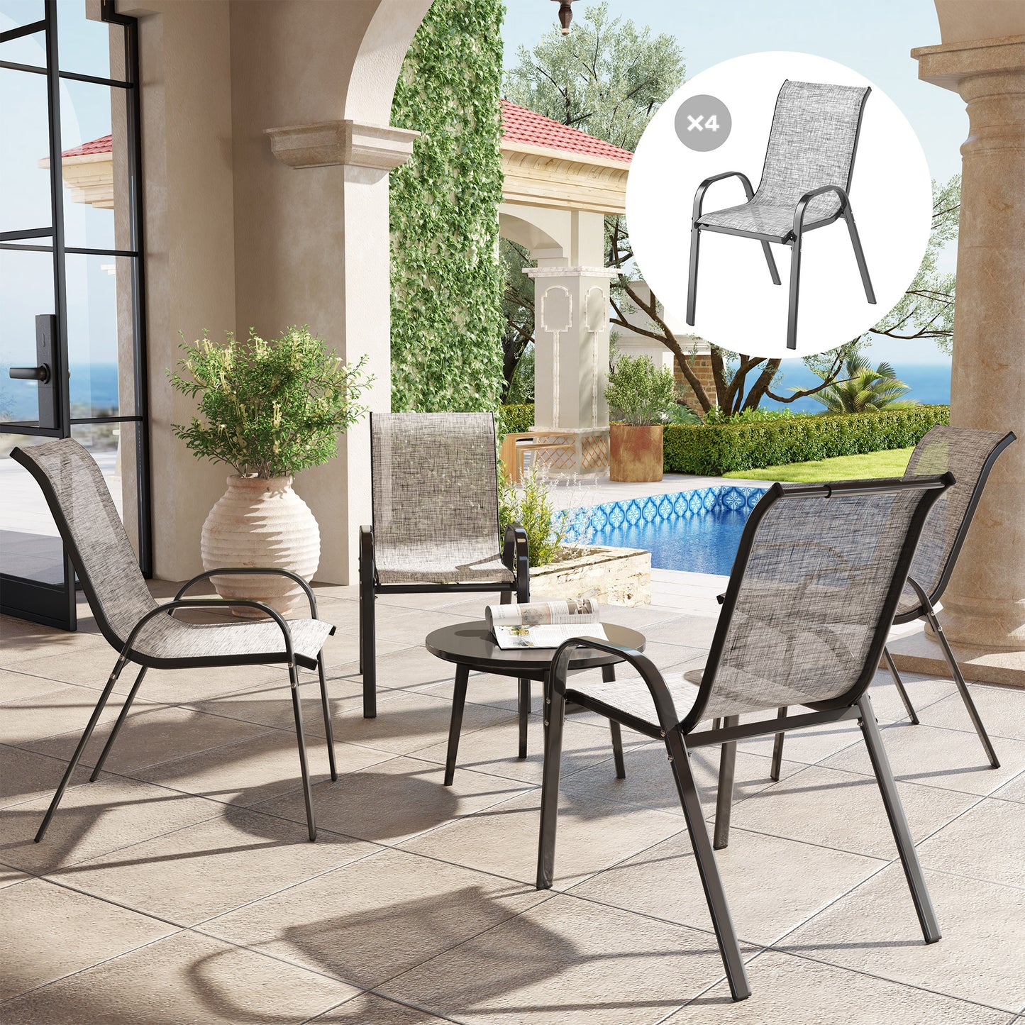 Set of 4 Stackable Outdoor Dining Chairs - Mixed Gray Patio Seating