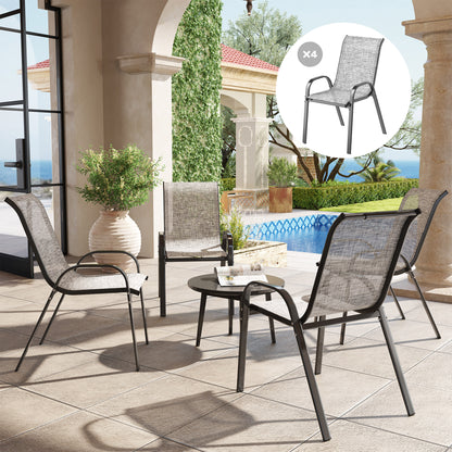 Set of 4 stackable patio dining chairs, mixed gray mesh with black metal frames