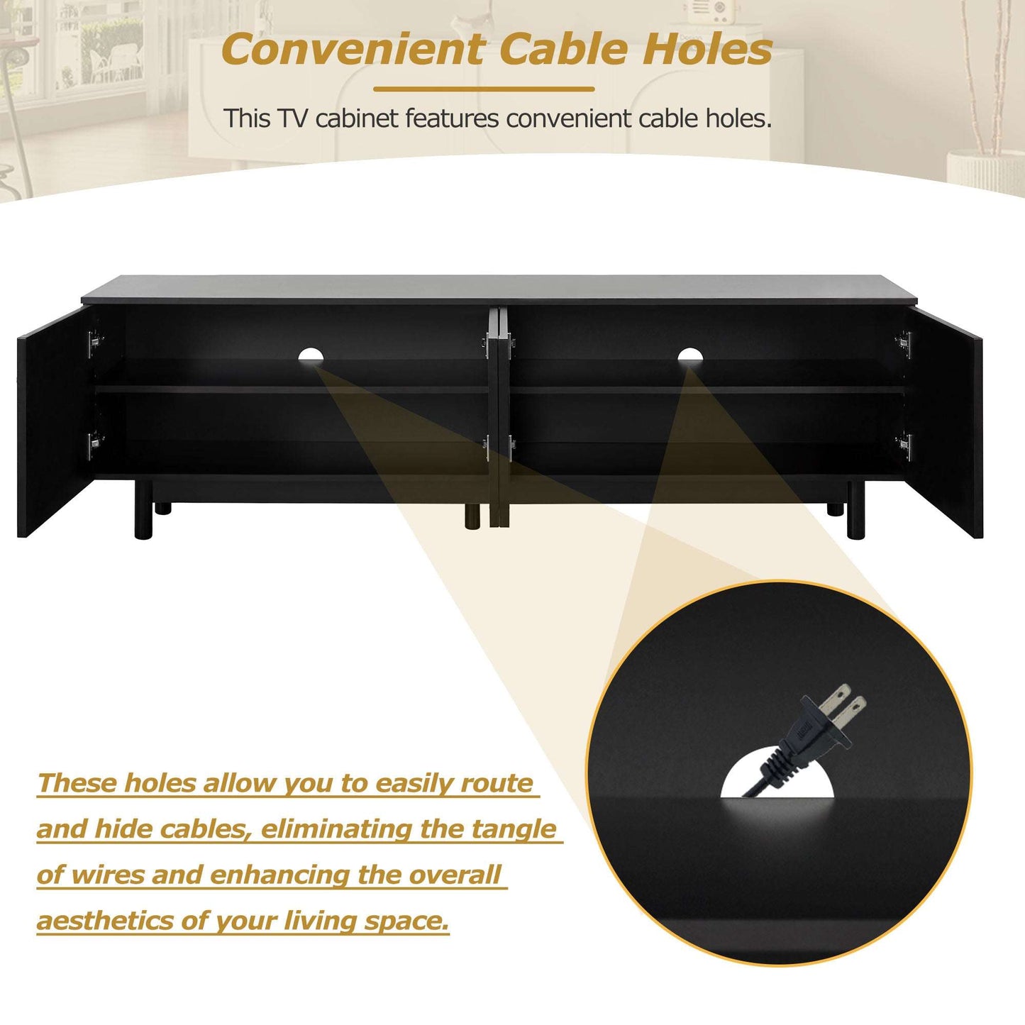 Black TV stand underside with open shelves and cable-routing cutouts