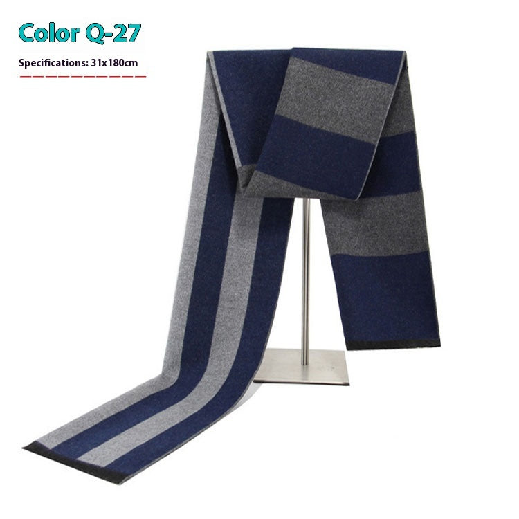 Striped scarf with blue and gray pattern on a stand against a white background
