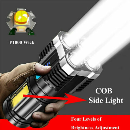 Black tactical LED flashlight with bright head and COB side light, held by hand