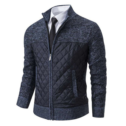 Blue quilted jacket with patterned sleeves on a white background