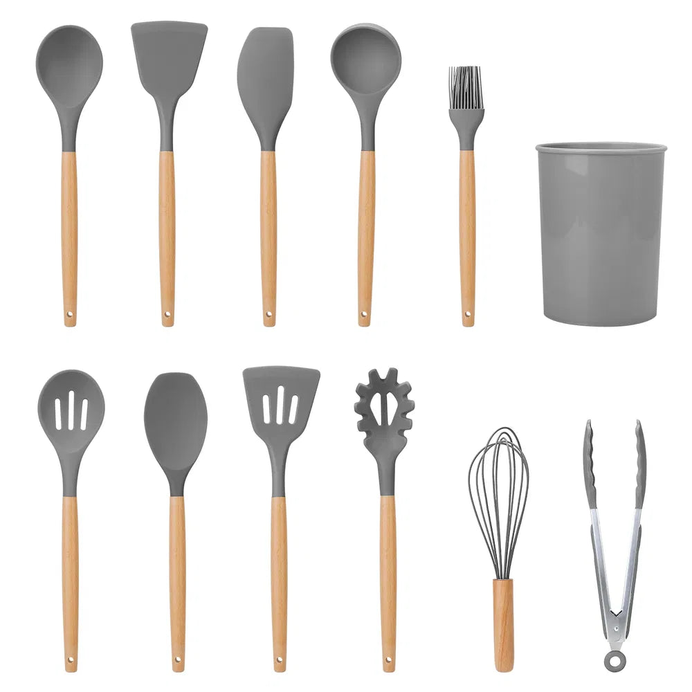 {{ brand }} 11 Pcs Silicone Cooking Utensil Set - Heat Resistant with Wooden Handles Grey - 11Pcs Silicone Cooking Utensil Set Heat