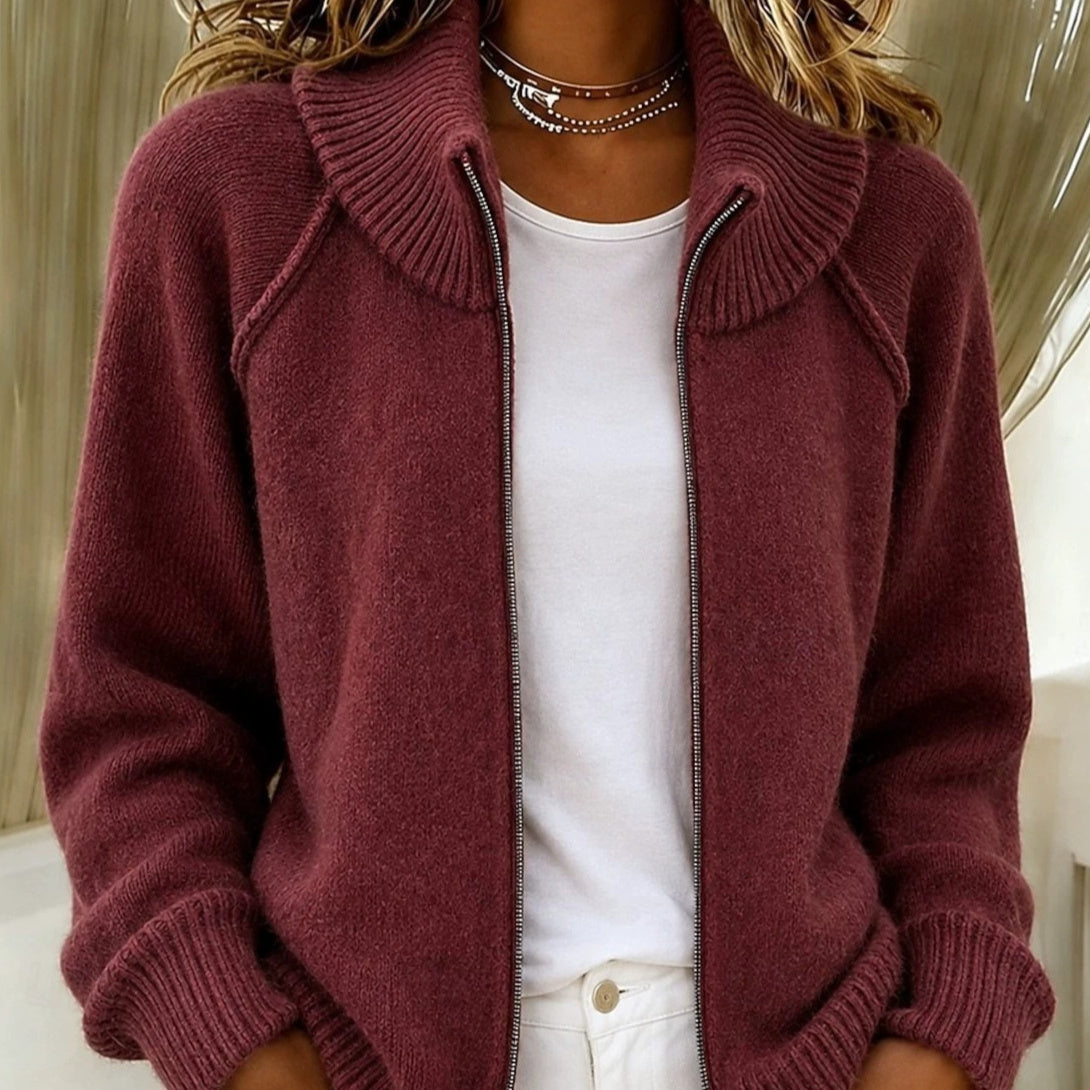 Maroon knitted cardigan with stand collar and front zipper, long sleeves, ribbed cuffs