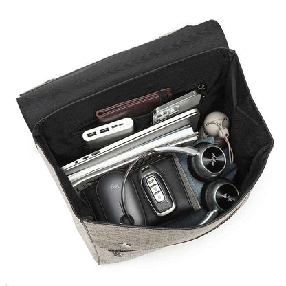 Black backpack interior layout with zipper pockets and devices in main compartment