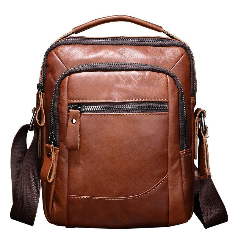 Men's leather business bag, brown leather with front zipper pocket and adjustable strap