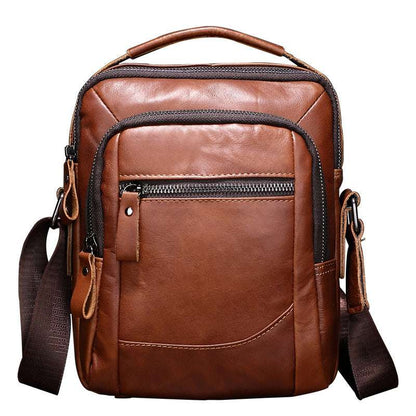 Men's leather business bag, brown leather with front zipper pocket and adjustable strap