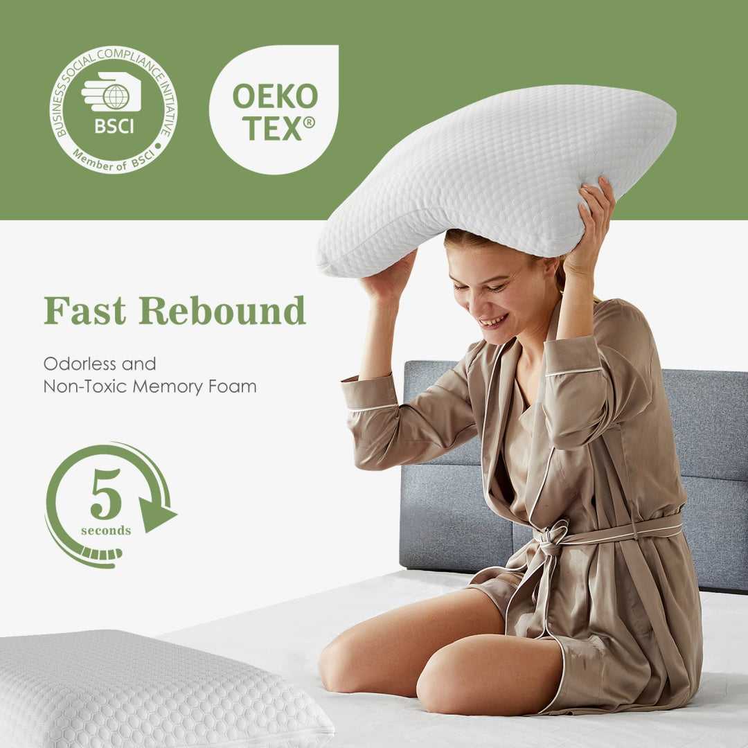 Contoured neck memory foam pillow lifting under head for cervical support