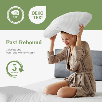 White cervical support memory foam pillow shown in use for neck support