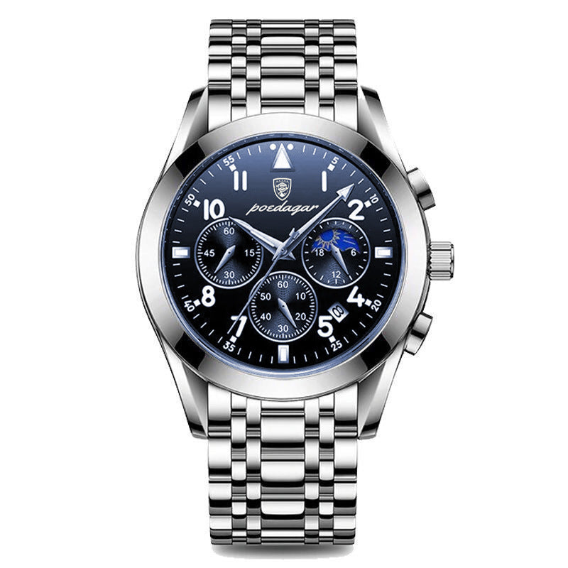 Men's tech watch with blue dial, subdials, and silver metal bracelet