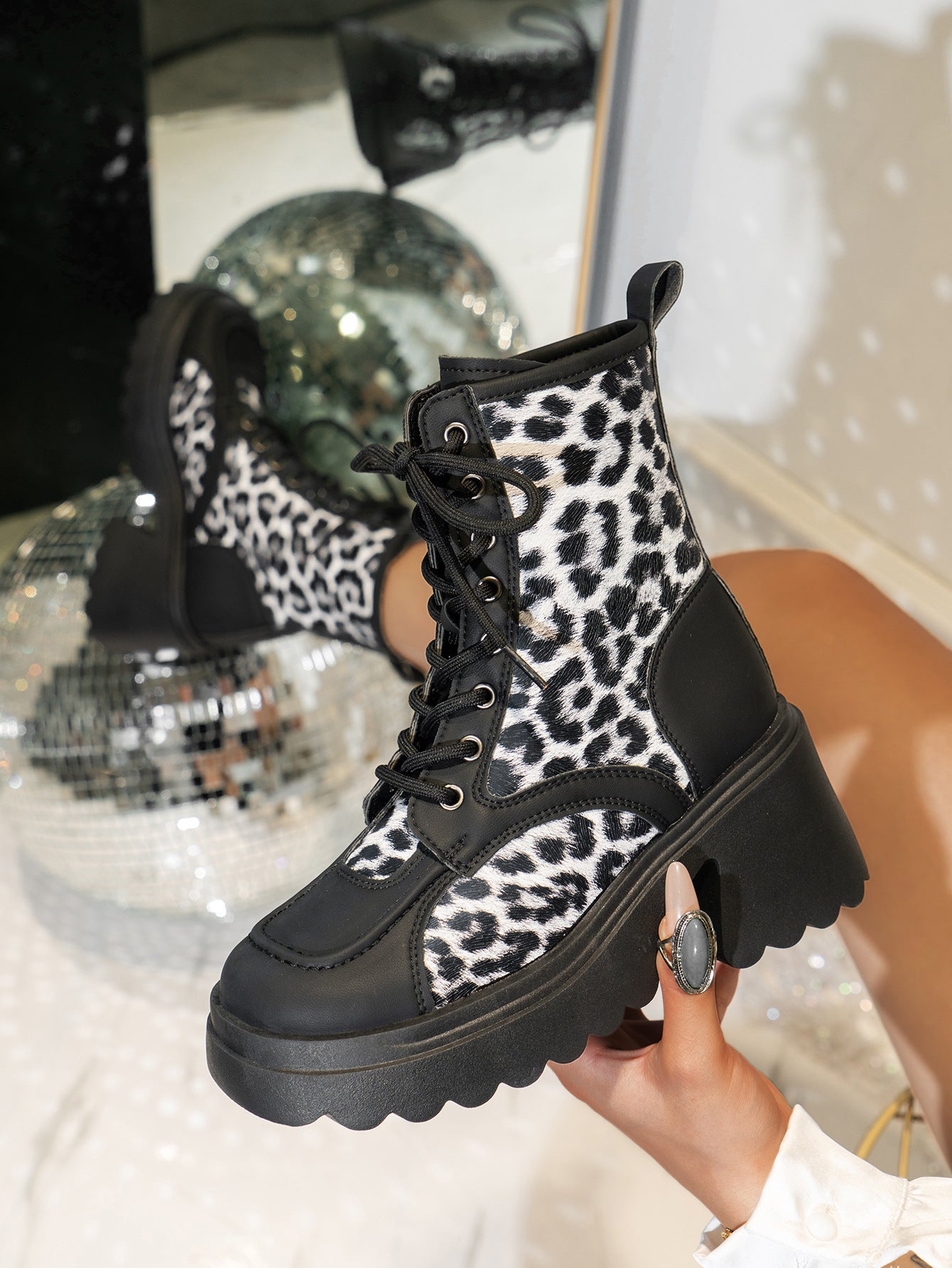 Leopard Print Chunky Heel Booties Female Lace-up Platform British